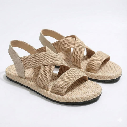 Women’s Canvas Ankle-Wrap Flat Sandals with Cork Outsole