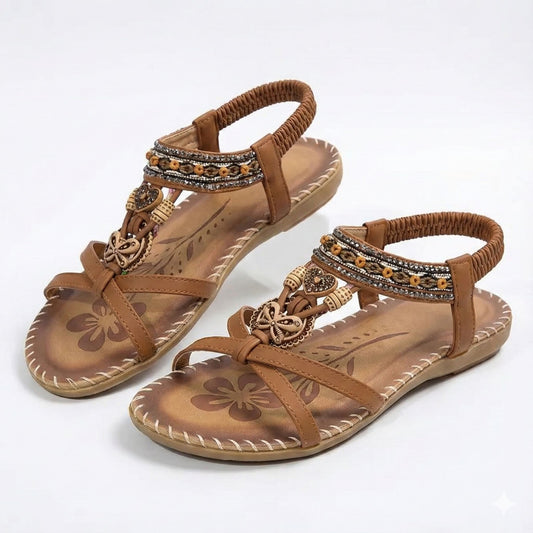 Women’s Flat PU Ankle-Strap Sandals with Rhinestone Detail