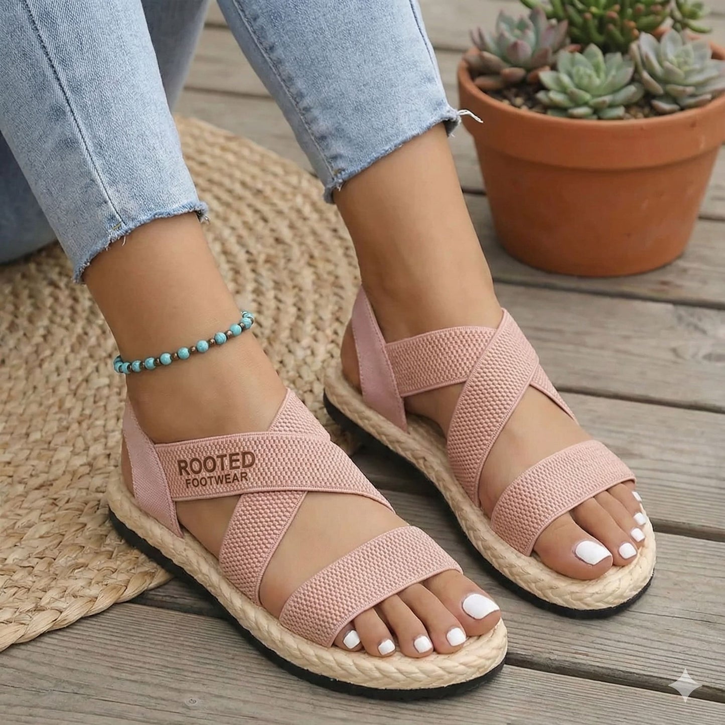 Women’s Canvas Ankle-Wrap Flat Sandals with Cork Outsole