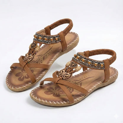 Women’s Flat PU Ankle-Strap Sandals with Rhinestone Detail