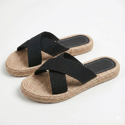 Women’s Summer Fabric Slide Sandals with Hemp-Style Rope Detail