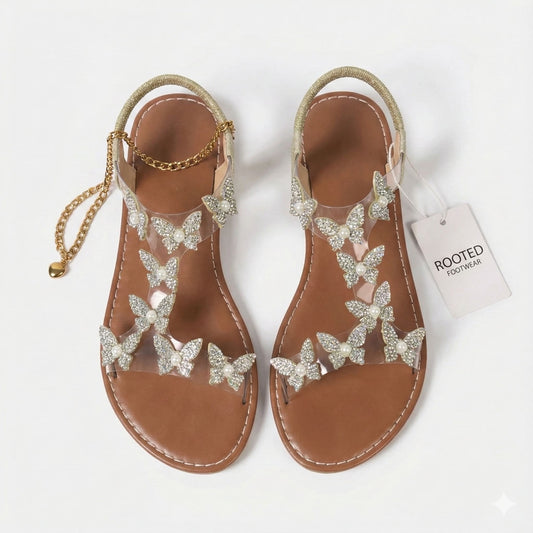 Women’s PU Flat Sandals with Butterfly Detail and Ankle Strap