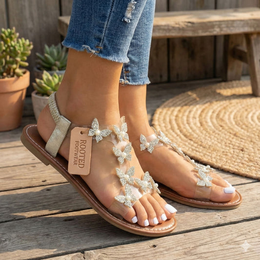 Women’s PU Flat Sandals with Butterfly Detail and Ankle Strap
