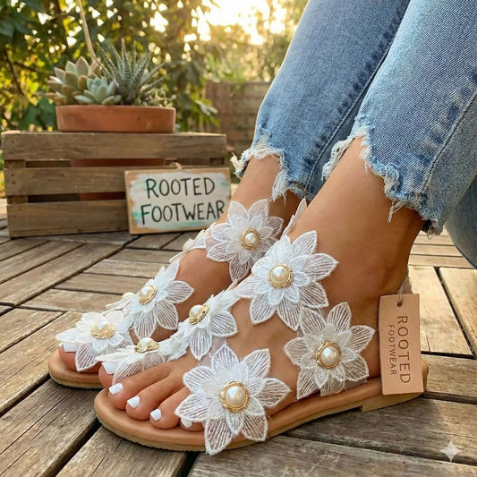 Women’s Flat Floral Canvas Sandals – Toe-Post, Rivet Detail