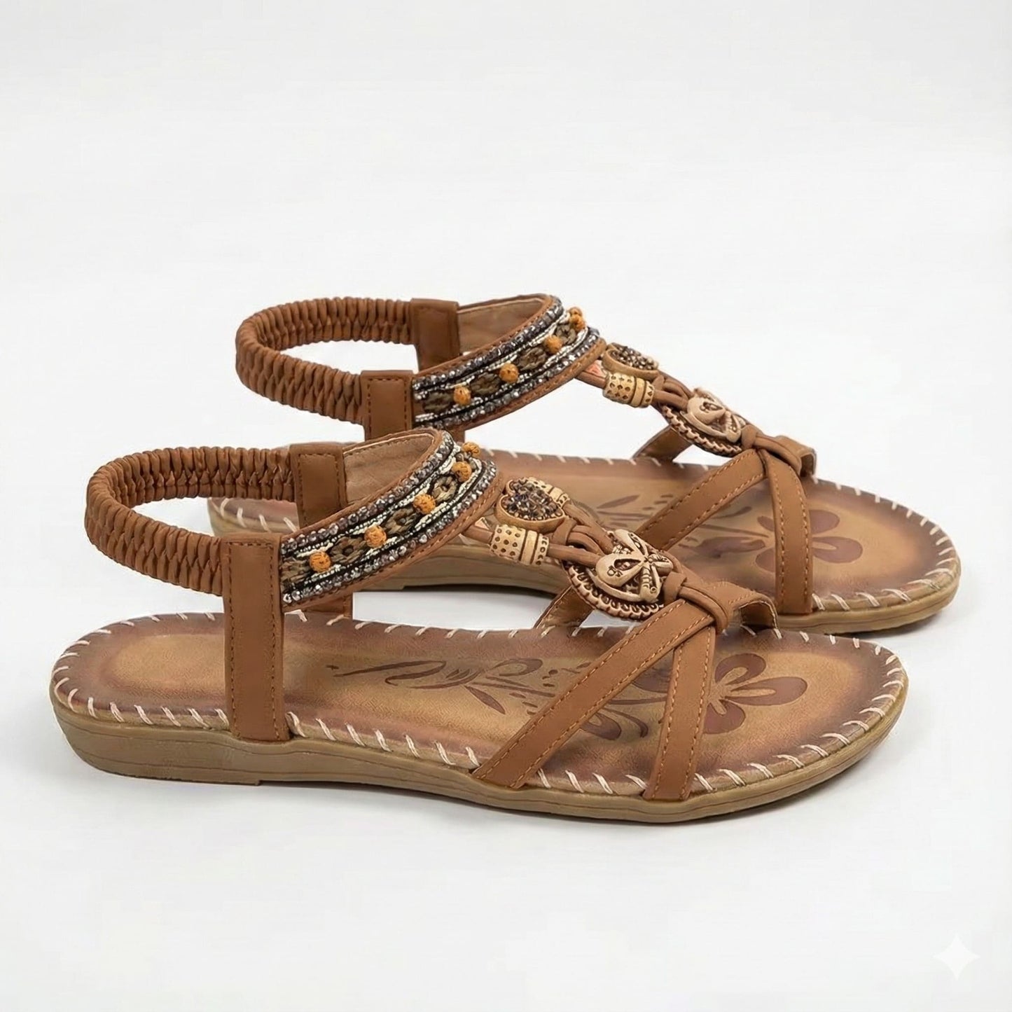 Women’s Flat PU Ankle-Strap Sandals with Rhinestone Detail